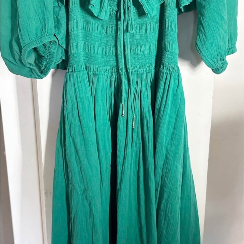 Free People Teal Off-Shoulder Smocked Midi Dress with Side Slit - Picture 2 of 4